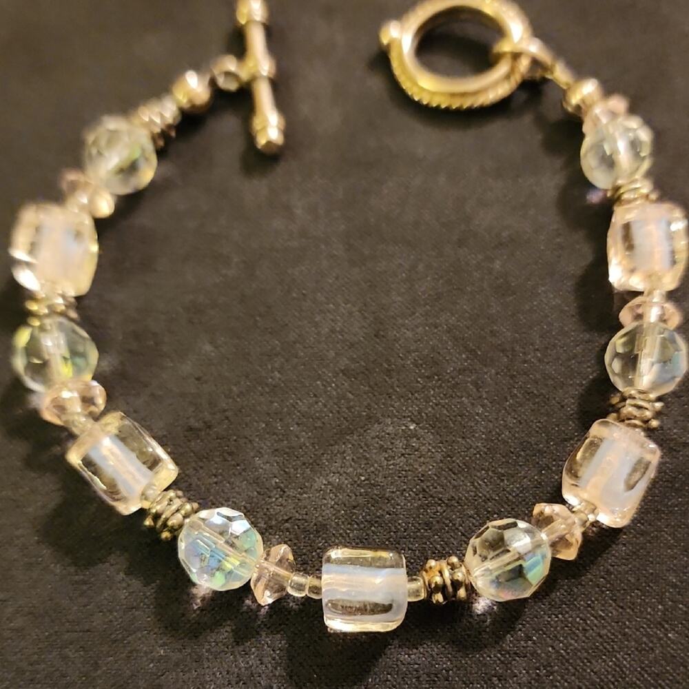 Artisan Gold Bracelet with Crystal Beads and Iridescent Accents